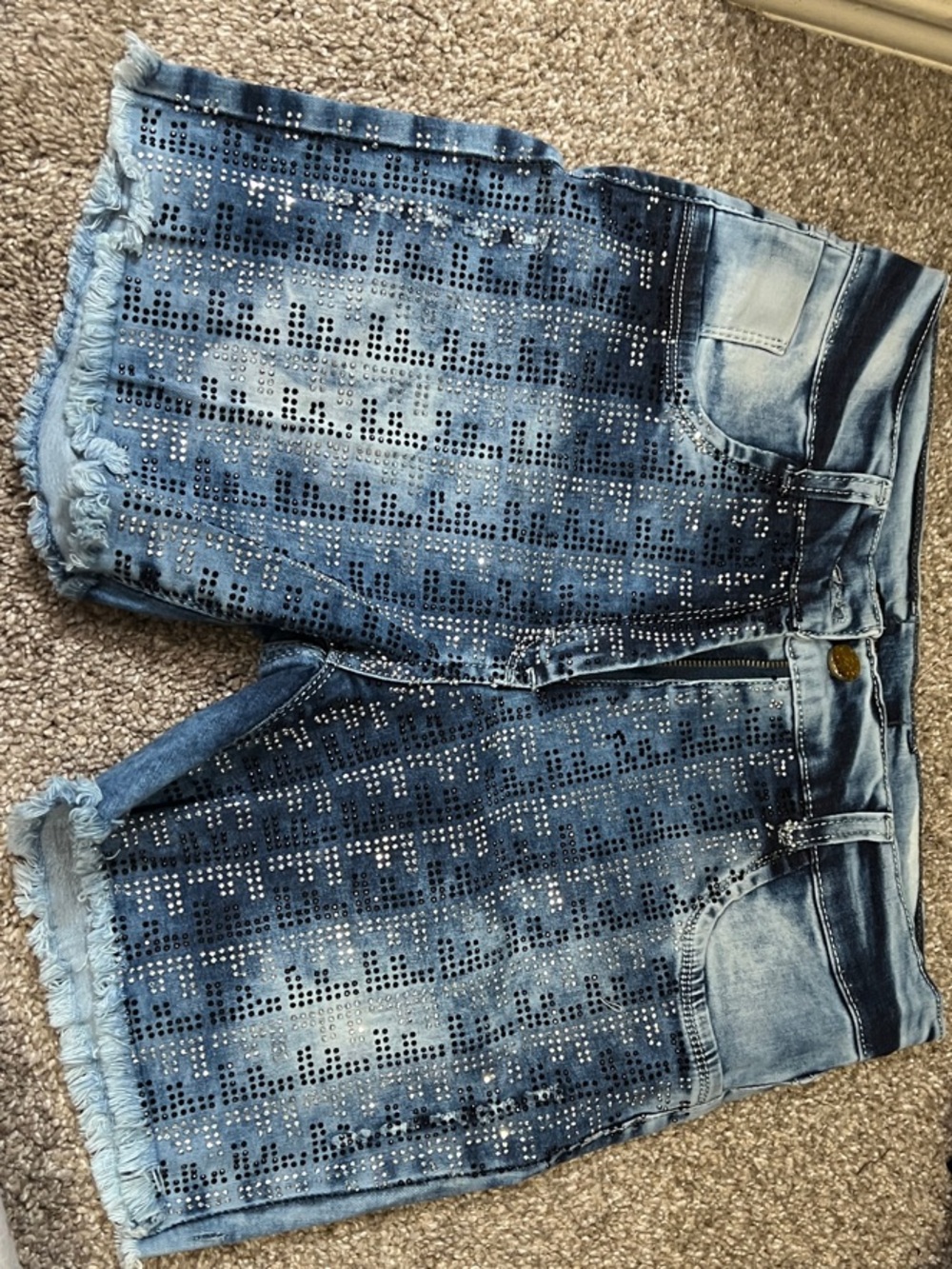 Embellished Blue Denim Shorts with Frayed Hem